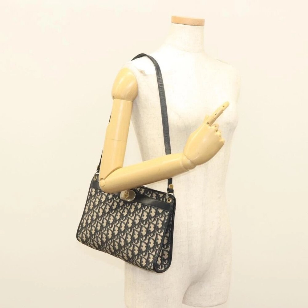 Christian Dior Trotter Canvas Shoulder Bag Navy Gold Auth ep9528